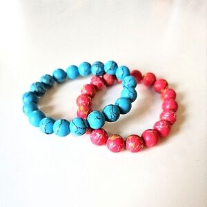 Set Of Two Marbled Pink & Blue Colorful Beaded Stretchy Bracelets